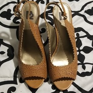 R2 Tan Peep Toe Slingback Heels